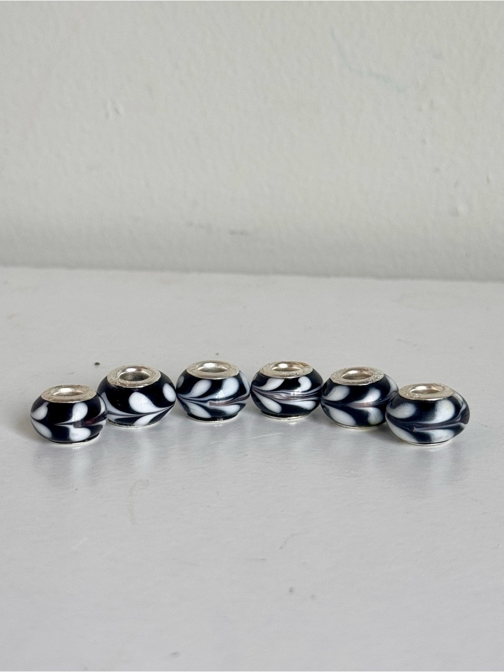 Lot 6 Murano Europe Style Glass Charm Beads 925 Silver Core Black & White